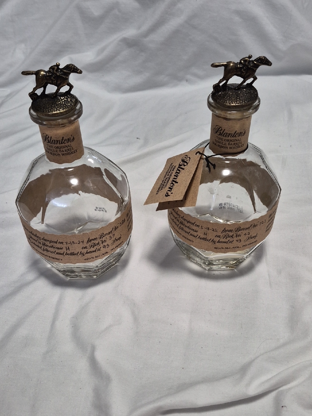 2 Blanton's Bourbon Empty Bottles with Horse Stoppers - Clear Glass Letter T